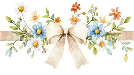 beautiful watercolor depiction of decorative floral bow featuring vibrant flowers and greenery, perfect for adding touch of elegance to any design