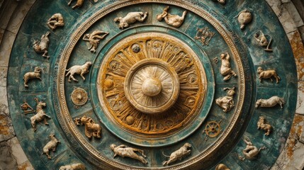 Ornate astrological ceiling design featuring zodiac symbols.