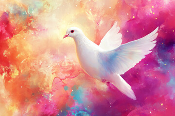 A digital illustration of a white dove, symbolizing the Holy Spirit, set against an abstract watercolor background filled with vibrant, swirling colors. The dove appears peaceful and graceful,