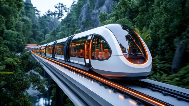 A fast hyperloop train exits a tunnel into a green landscape --ar 16:9.