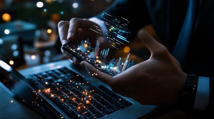 Hands of a businessman analyzing financial data on a smartphone and laptop.