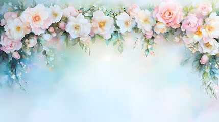 beautiful watercolor depiction of floral arch featuring roses and blossoms, creating serene and romantic atmosphere. Perfect for invitations or decor