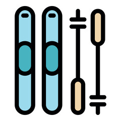 Skiing gear including skis and poles, perfect for winter sports enthusiasts hitting the slopes