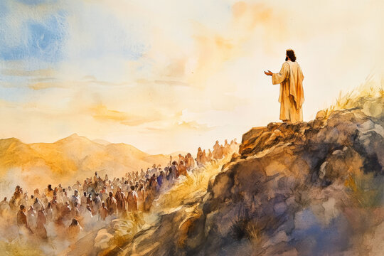 Jesus preaching on a mountaintop, with crowds gathered below. The watercolor uses warm sunlight and earth tones to evoke divine truth, peace, and the power of his message.
