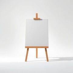 A wooden easel with an empty canvas against a plain white surface, art supplies, empty canvas, blank wall, simple decor, modern art display