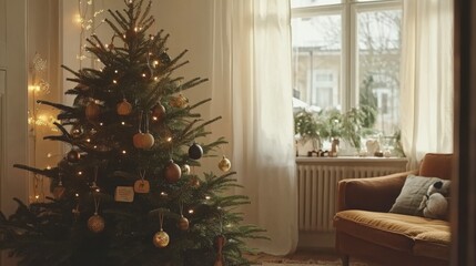Scandinavian Christmas Tree in Cozy Living Room with Wooden Ornaments and Soft Natural Light
