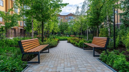 Serene park pathway with benches and lush greenery.