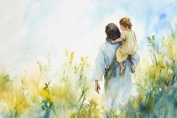 A touching watercolor of Jesus carrying a child on his shoulders, walking through a meadow. The scene features soft greens, yellows, and gentle blue skies.