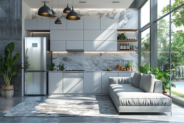 Fototapeta premium Fridge in white kitchen room, modern interior,