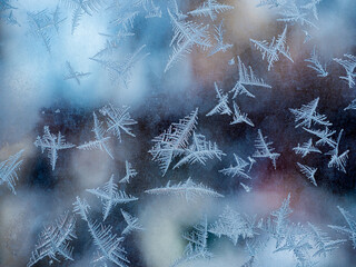 Glass covered with ice during severe frosts in winter
