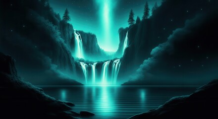 Mystical aurora serene waterfall at night