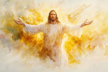 A depiction of Jesus with open arms, surrounded by light, welcoming all who come to him. The watercolor uses golden hues and soft light to create an inviting, peaceful atmosphere.