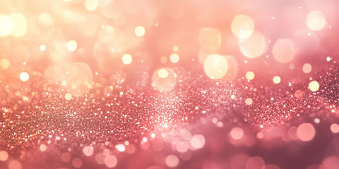 Rose gold glitter sparkle background with warm, radiant tones. Defocused light highlights the soft shimmer and reflective bokeh.