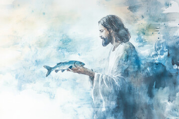 Jesus holding a fish, offering it to his disciples after the resurrection. The watercolor uses cool blues and soft grays to create a peaceful, reflective atmosphere of renewal and divine revelation.