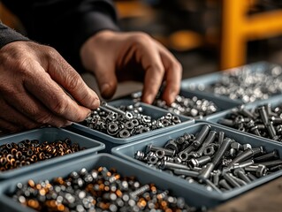Close-up of hands organizing nuts and bolts in storage trays, highlighting precision, industrial work, and mechanical craftsmanship.