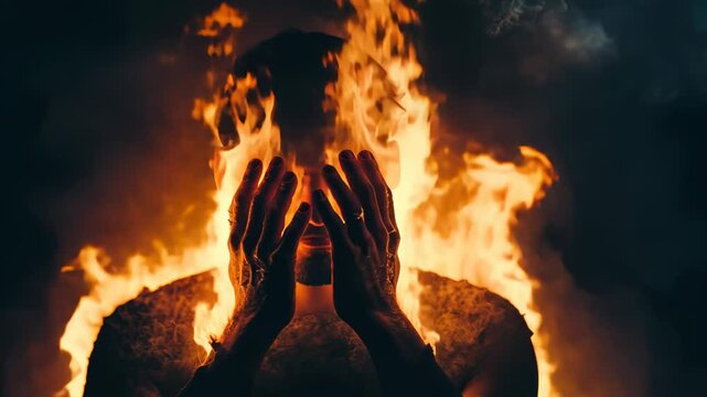 A person battles through intense emotions surrounded by flames, symbolizing inner turmoil and conflict