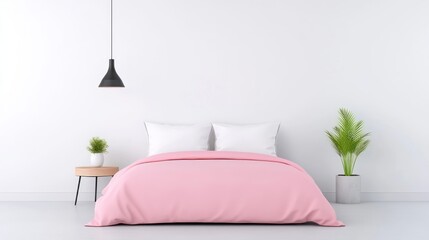 A minimalist bedroom featuring a pink bedspread, white pillows, indoor plants, and a modern pendant light against a clean white wall.