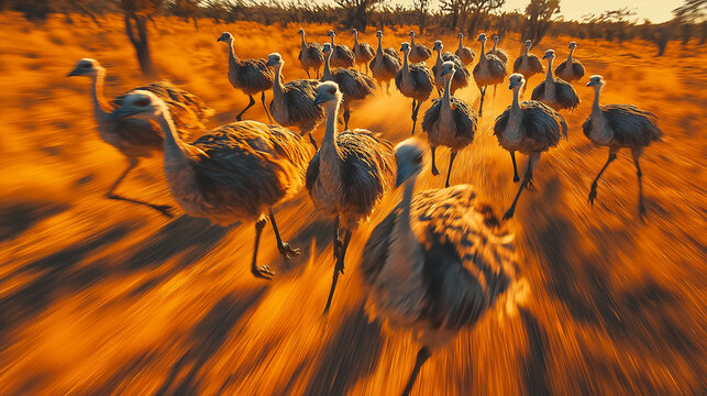 Group of emus energetically running across a golden landscape under the warm sunlight in an Australian bush setting