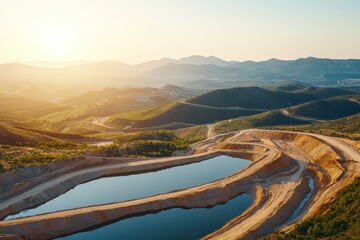 Scenic Aerial View of a Serene Landscape Showcasing an Expansive Mining Site Surrounded by Lush Green Hills and a Tranquil Water Body at Sunset