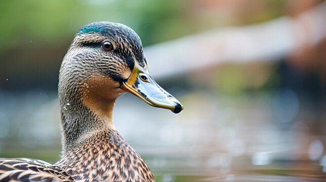 Wild duck pond close-up of a beautiful mallard female duck.