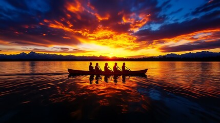 Fototapeta premium Silhouetted rowers on a lake at sunset, vibrant colors reflecting on the water.