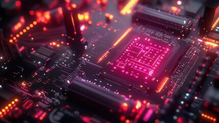Obraz premium Close-up of a glowing pink central processing unit (CPU) on a circuit board with red lights.