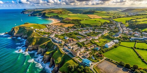 Fototapeta premium Stunning Aerial Photograph of St Agnes in Truro, Cornwall Showcasing Lush Landscapes, Coastal Views, and Vibrant Skies Perfect for Travel and Nature Enthusiasts