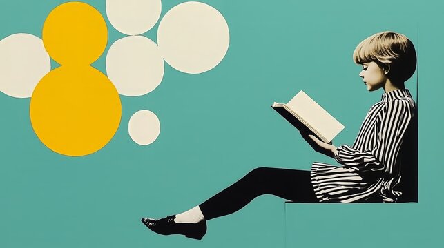 Child reading book with geometric background: minimalist design and modern aesthetic