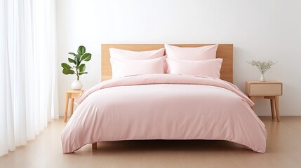 A beautifully arranged pink bedding set on a wooden bed frame, complemented by a plant and minimalistic decor, exuding a serene and cozy atmosphere.