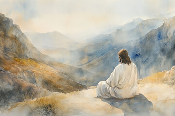 A solemn watercolor of Jesus praying in the desert, surrounded by rugged hills. Muted browns, soft blues, and pale yellows evoke solitude and spiritual strength.