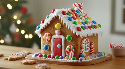 A festive gingerbread house decorated with candy and icing on a wooden tabledecorated by cookies