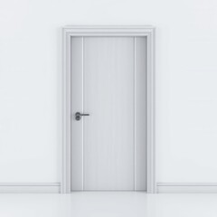 Modern white wooden interior door in a closed position with a subtle lock mechanism isolated on a white background, closed position, contemporary style