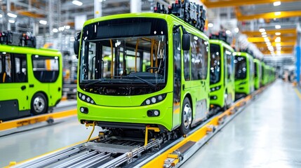 Obraz premium Electric Bus Fleet - A row of electric buses parked at a depot, showcasing the shift towards public transport electrification. Stock illustration.