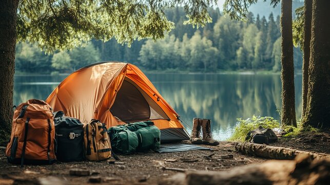 A camping gear setup near a lake, with all the essentials for a comfortable and safe camping experience.