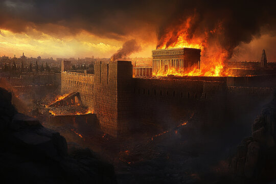 A digital painting depicting the destruction of the Temple of Jerusalem on Tisha B'Av, with flames rising from the ruins as the holy city succumbs to fire and chaos. The dark, stormy skies reflect the
