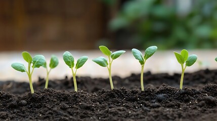 Young plants sprouting in a line, symbolizing natural growth and development, with soft-focus background