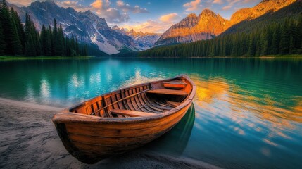 Obraz premium Photo of a wooden boat on a turquoise lake with a forest and mountains in the background