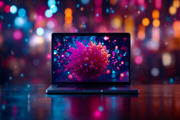 A laptop computer sitting on top of a wooden table