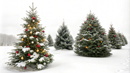 Obraz premium Festive Christmas tree grove with ornaments in snowy field.