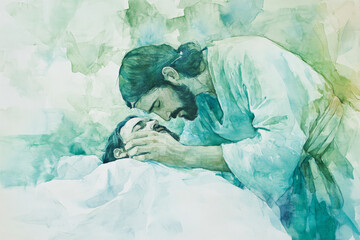 Jesus healing a sick person, placing his hands over the afflicted. The watercolor uses light greens, blues, and soft whites to create an atmosphere of restoration, mercy, and divine love.