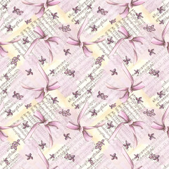 Obraz premium Seamless pattern with pink satin bow and lilac flowers on the background of old pages with notes. Vintage style. Watercolor illustration. Spring holiday pattern. Template for further design