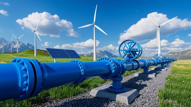 A cutting-edge hyperloop train traversing a snowy mountain range, surrounded by wind turbines.