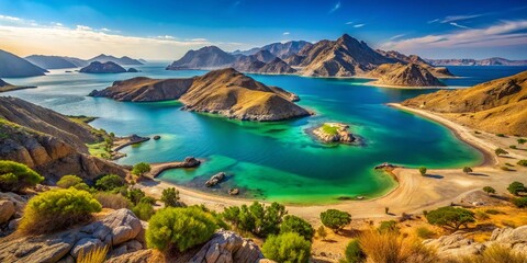 Obraz premium Stunning Arid Landscape of Oman with Turquoise Waters of Persian Gulf Bay, Merillas Islands, Hiking Trails, and Vibrant Flora in a Beautiful Sunny Setting