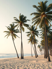 Obraz premium A serene beach scene with tall palm trees swaying in the gentle ocean breeze, coastal scenery., sandy beach, relaxed mood, natural beauty