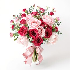 A watercolor bouquet of roses and peonies tied with a ribbon, creating a beautiful and elegant arrangement, peony flowers, vintage style.