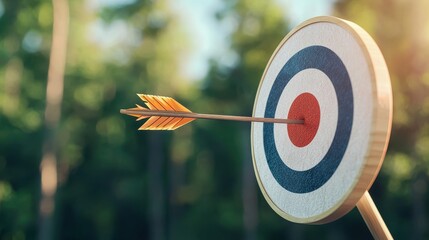 A close-up of a bullseye target with an arrow striking the center, surrounded by a blurred natural background.