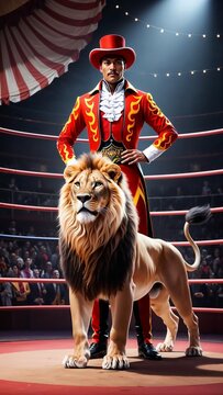 A bold depiction of a lion tamer in the circus ring their confident posture and fiery outfit commanding both respect and awe