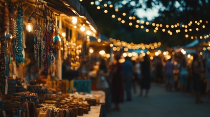 Night market with colorful jewelry and string lights.