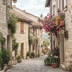 Obraz premium Flower-filled stone street, charming old village.