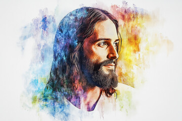 A stunning watercolor portrait of Jesus Christ, His bearded face peaceful and filled with kindness. The background is an abstract blur of colors, creating a tranquil and divine atmosphere, with plenty